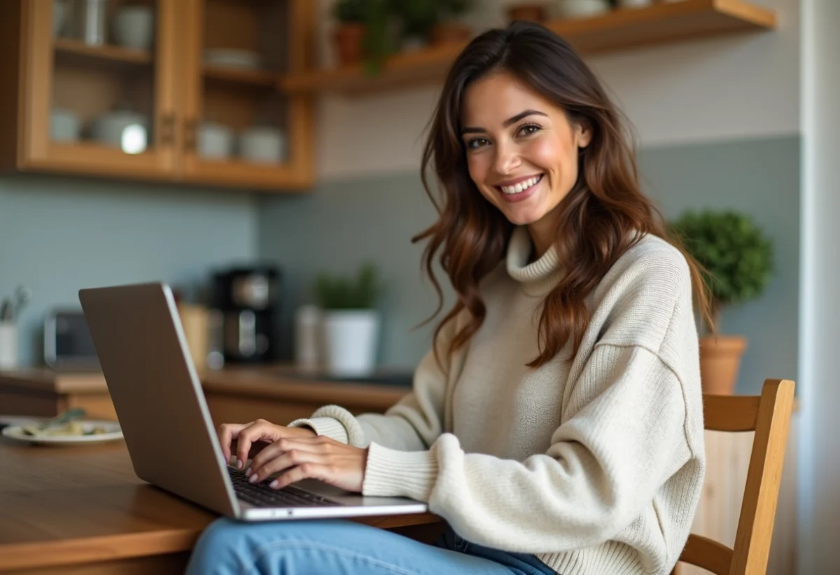 Femme souriante utilisant un ordinateur dans une cuisine chaleureuse