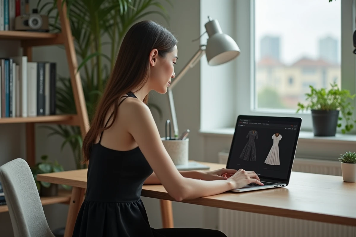 Jeune femme en robe noire faisant du shopping en ligne