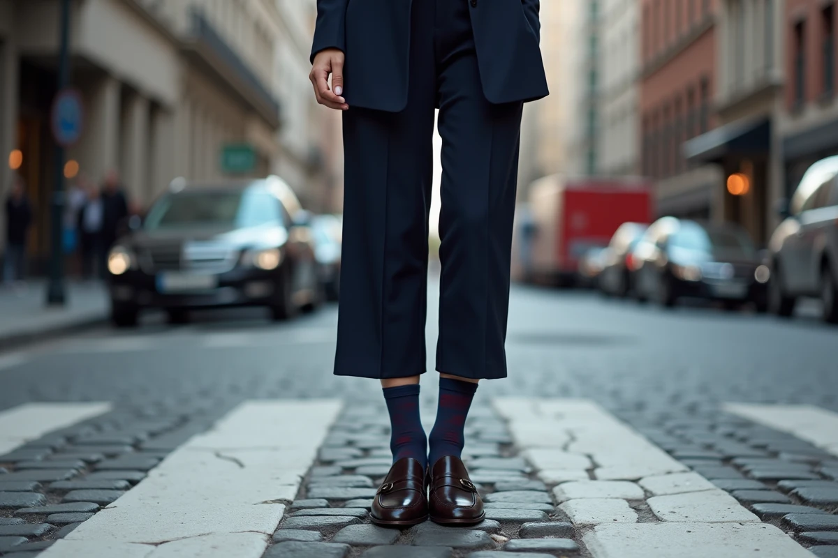 Femme en tailleur pantalon à la croisée urbaine