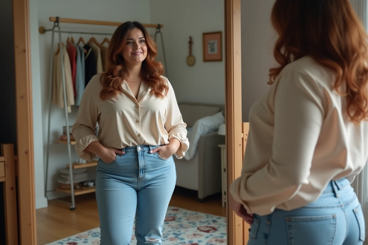 Femme plus size se regardant dans le miroir avec confiance