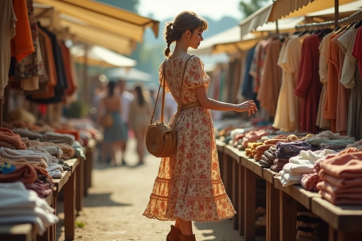 Femme en robe vintage fleurie années 70 faisant du shopping dans un marché aux puces, look rétro chic abordable