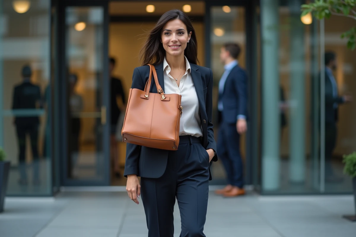 Femme professionnelle sortant du bureau avec un sac cabas en cuir camel, tenue bureau chic adaptée à l'afterwork