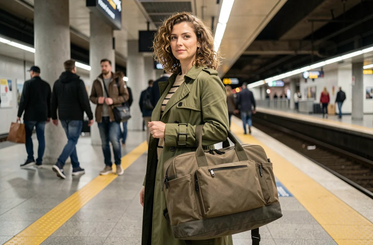 Femme en manteau trench kaki portant un grand sac à dos de travail léger et robuste sur un quai de gare en milieu de semaine