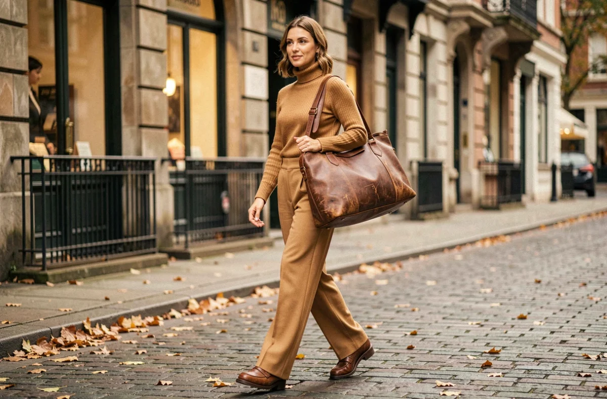Femme trentenaire portant un grand sac sport cuir vintage en bandoulière dans une rue pavée urbaine en automne, tenue camel et look éditorial tendance 2026