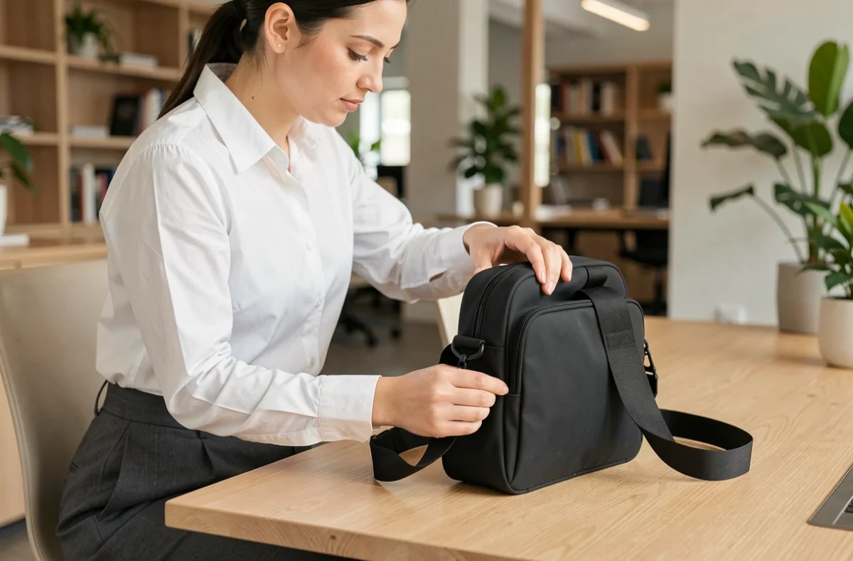 Femme assise à un bureau moderne posant un sac de travail compact et résistant en nylon noir sur son poste de travail