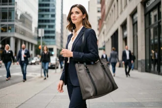 Femme professionnelle en blazer marine marchant en ville avec un sac de travail léger et robuste en nylon sur l'épaule