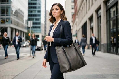 Femme professionnelle en blazer marine marchant en ville avec un sac de travail léger et robuste en nylon sur l'épaule