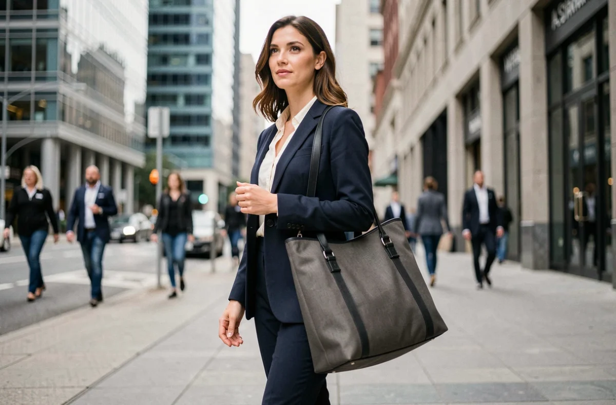 Femme professionnelle en blazer marine marchant en ville avec un sac de travail léger et robuste en nylon sur l'épaule