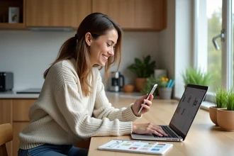 Femme souriante utilisant un ordinateur dans sa cuisine chaleureuse