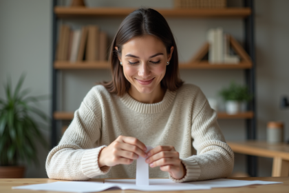 Jeune femme souriante en int&eacute;rieur avec papier autour du doigt