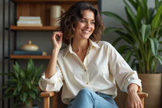 Femme élégante assise dans un intérieur cosy avec plantes