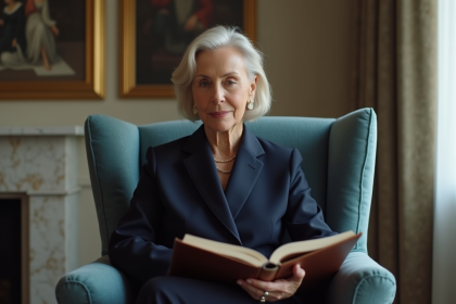 Femme élégante en tailleur navy dans un salon sophistiqué