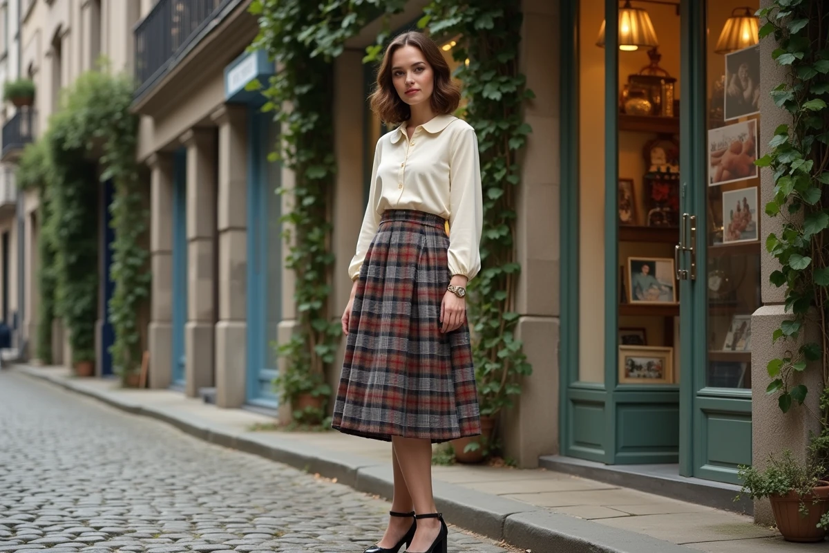 Femme en tenue vintage années 60 jupe écossaise et chemisier col claudine dans une rue pavée, style rétro chic urbain