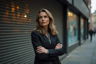 Femme en urbanisme devant boutique fermée en ville