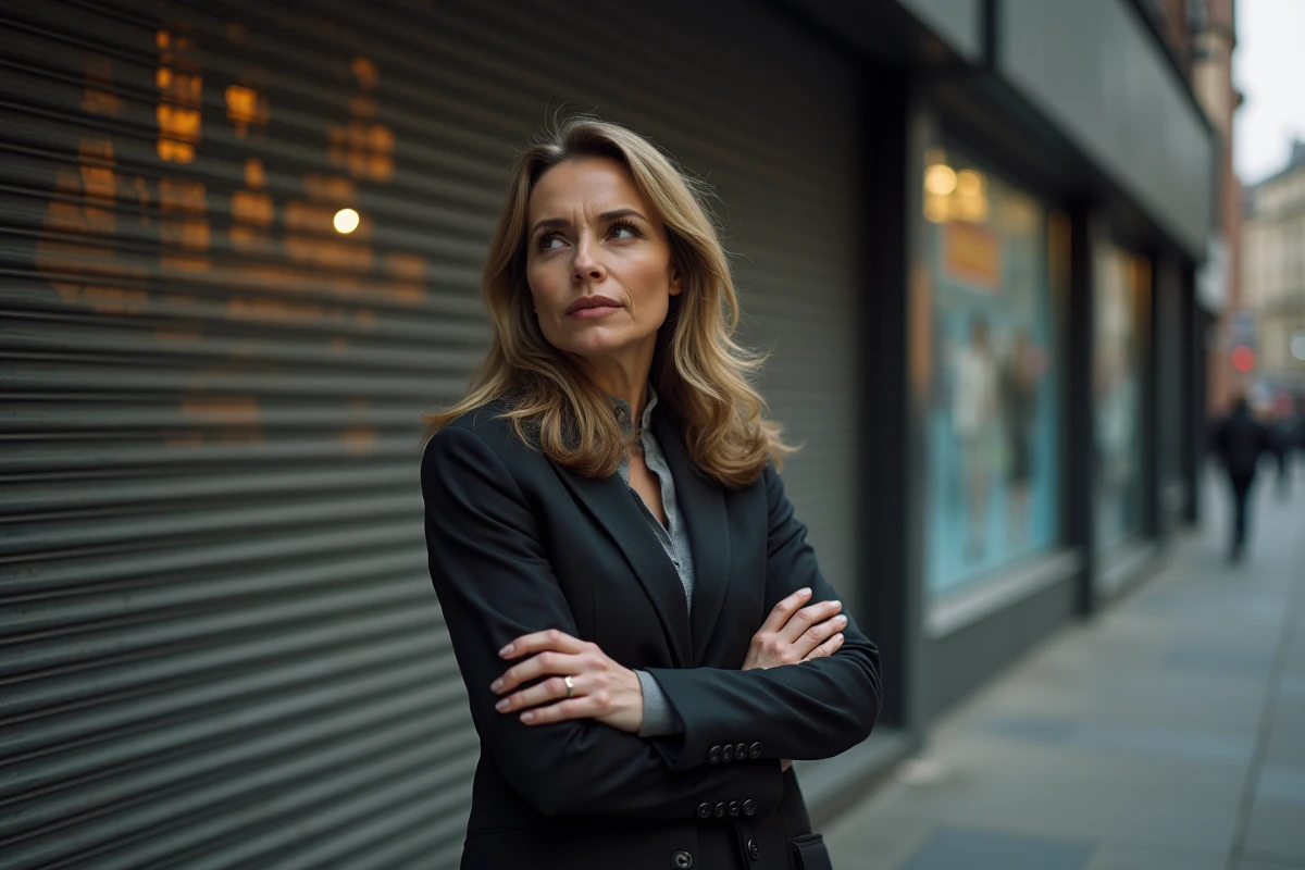 Femme en urbanisme devant boutique ferm&eacute;e en ville