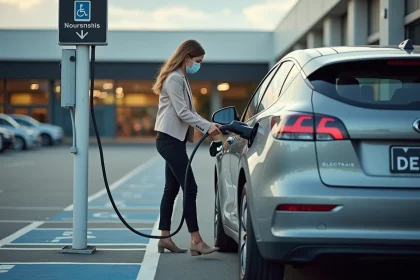 Femme connectant une voiture &eacute;lectrique dans un parking ext&eacute;rieur