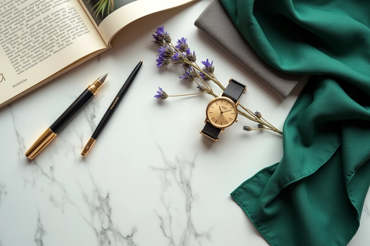 Flat lay élégant avec magazine luxe, montre, stylo et foulard en soie sur marbre blanc, évoquant l'univers éditorial raffiné d'Its luxe time en 2026