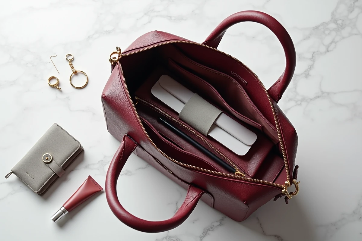 Flat-lay d'un sac de travail pour femme ouvert avec ses essentiels pour passer du bureau à l'afterwork