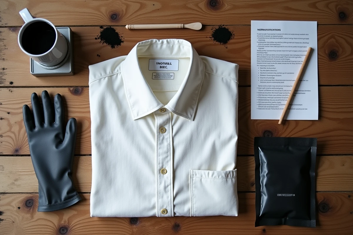 Vue à plat des fournitures nécessaires pour teindre un vêtement en noir : teinture, gants, balance et chemise blanche