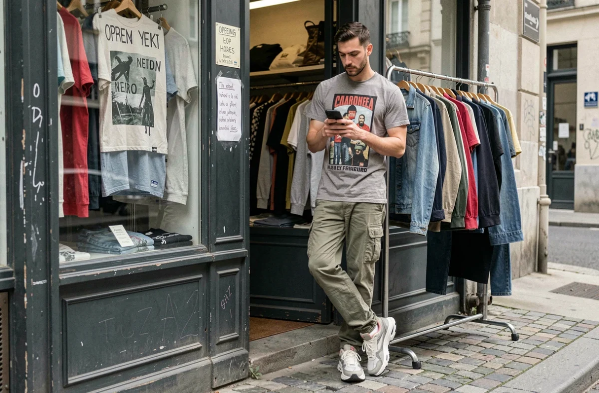 Client vérifiant les horaires d'ouverture de la Frip Factory friperie à Clermont-Ferrand