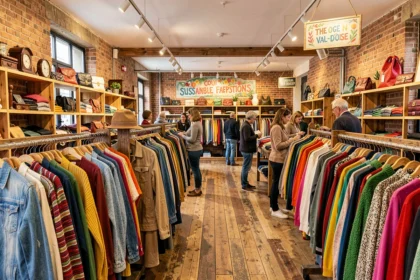 Intérieur d'une friperie du Val-d'Oise avec des portants colorés et des clients qui fouillent parmi les vêtements de seconde main