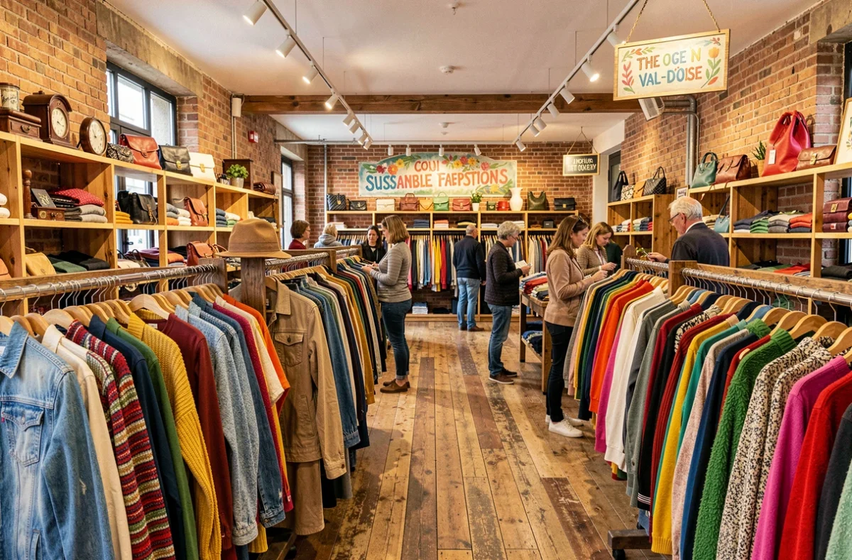 Intérieur d'une friperie du Val-d'Oise avec des portants colorés et des clients qui fouillent parmi les vêtements de seconde main
