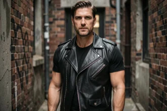 Homme portant un gilet biker en cuir pleine fleur noir dans une ruelle urbaine, texture grain visible et coupe ajustée