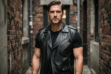 Homme portant un gilet biker en cuir pleine fleur noir dans une ruelle urbaine, texture grain visible et coupe ajustée
