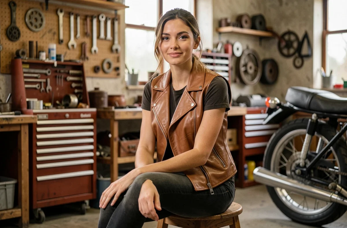 Femme assise dans un atelier moto portant un gilet biker en cuir vachette marron, texture souple et finition matte