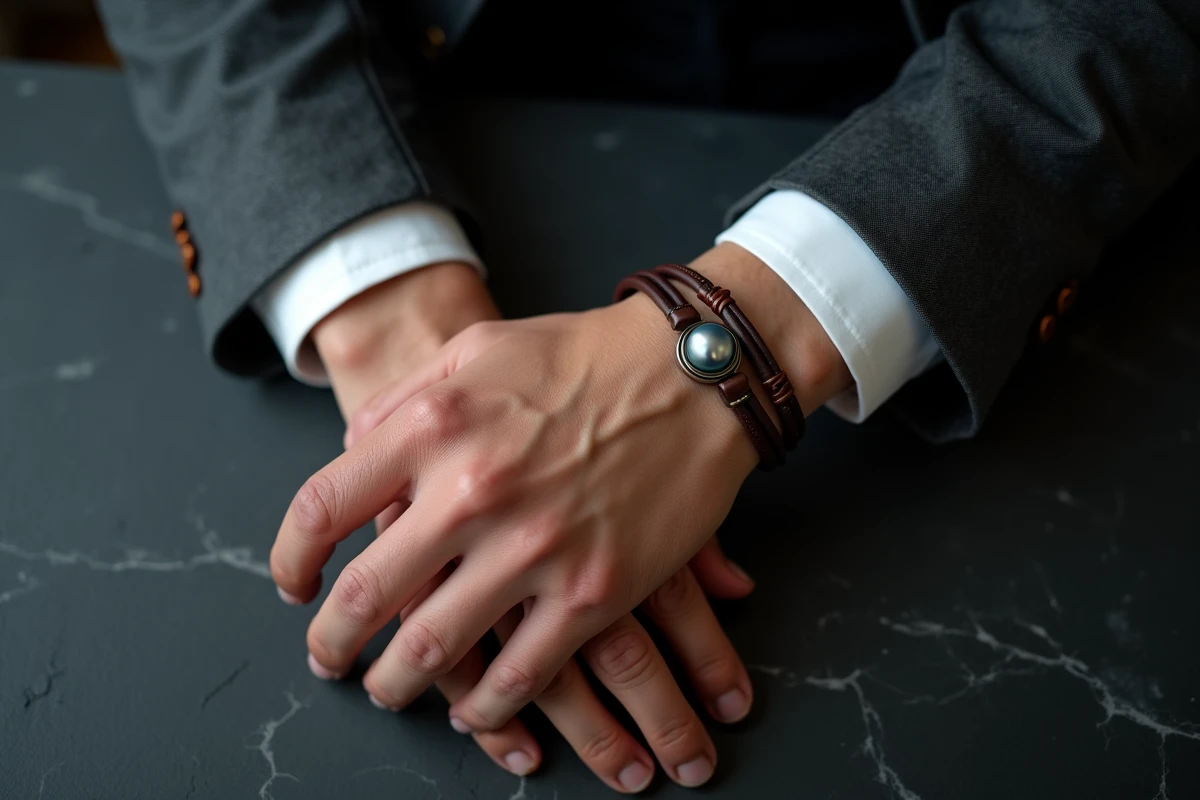 Gros plan d'un bracelet cordon cuir avec perle noire de Tahiti sur poignet masculin en costume