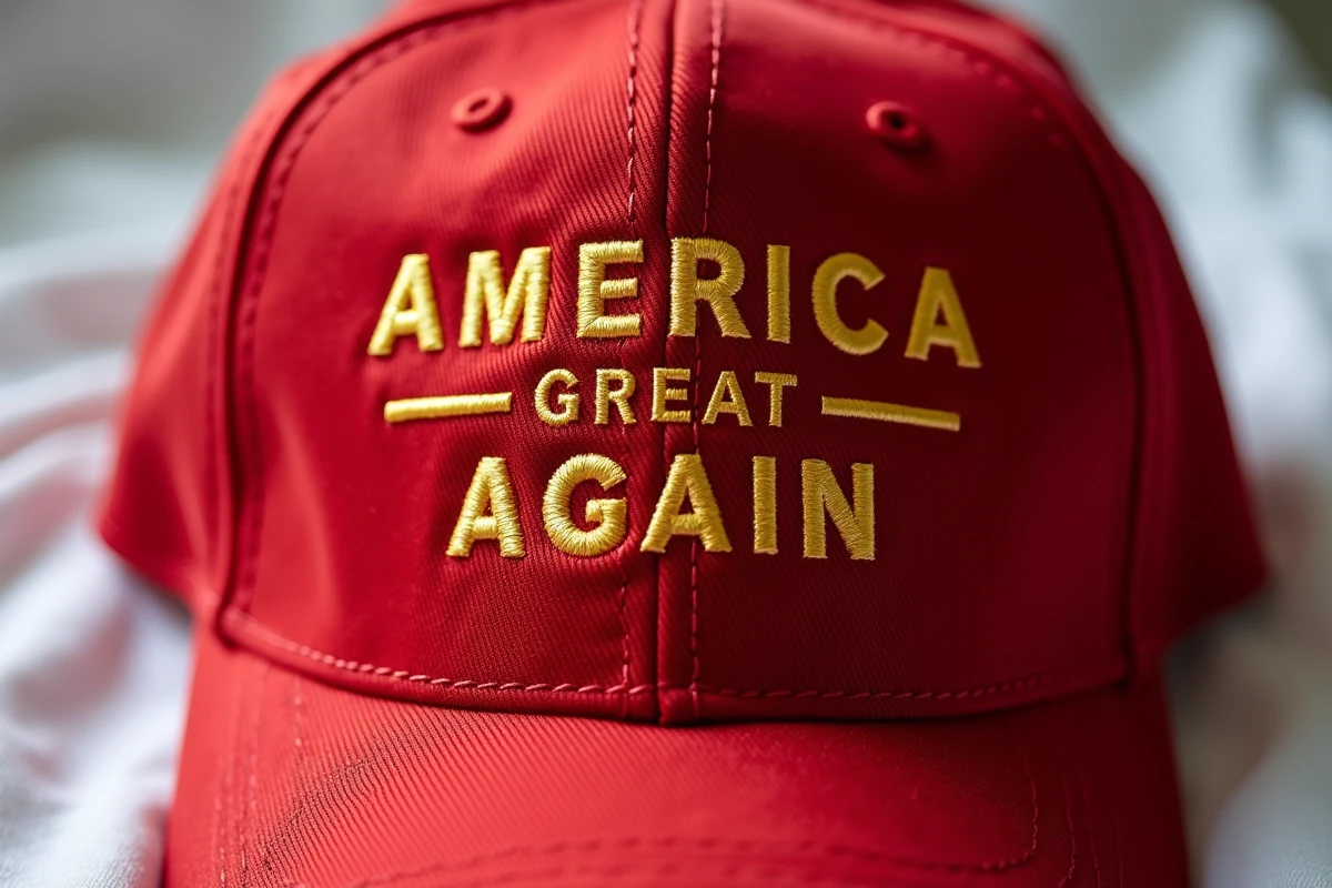 Gros plan macro sur la broderie dorée d'une casquette MAGA authentique comparée à une imitation, mettant en évidence les différences de qualité des points de couture