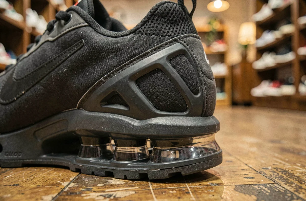 Gros plan sur le système de colonnes Shox au talon d'une Nike Shox Supreme posée sur un parquet en bois dans une boutique de sneakers vintage