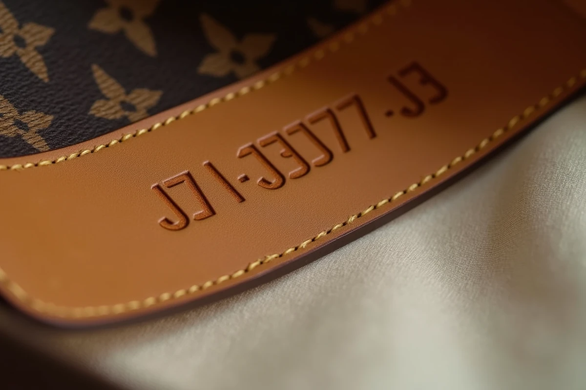 Gros plan sur le numéro de série embossé à l'intérieur d'un sac Louis Vuitton Neverfull en cuir vachetta