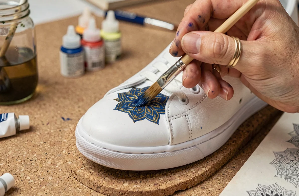 Gros plan de mains féminines peignant un mandala bleu et doré sur une sneakers en cuir blanc