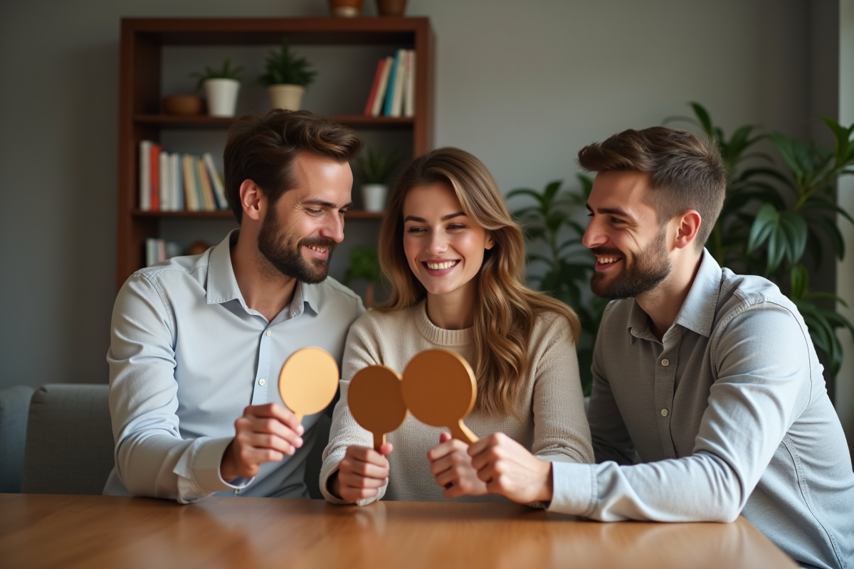 Groupe de trois personnes comparant leur visage avec miroirs