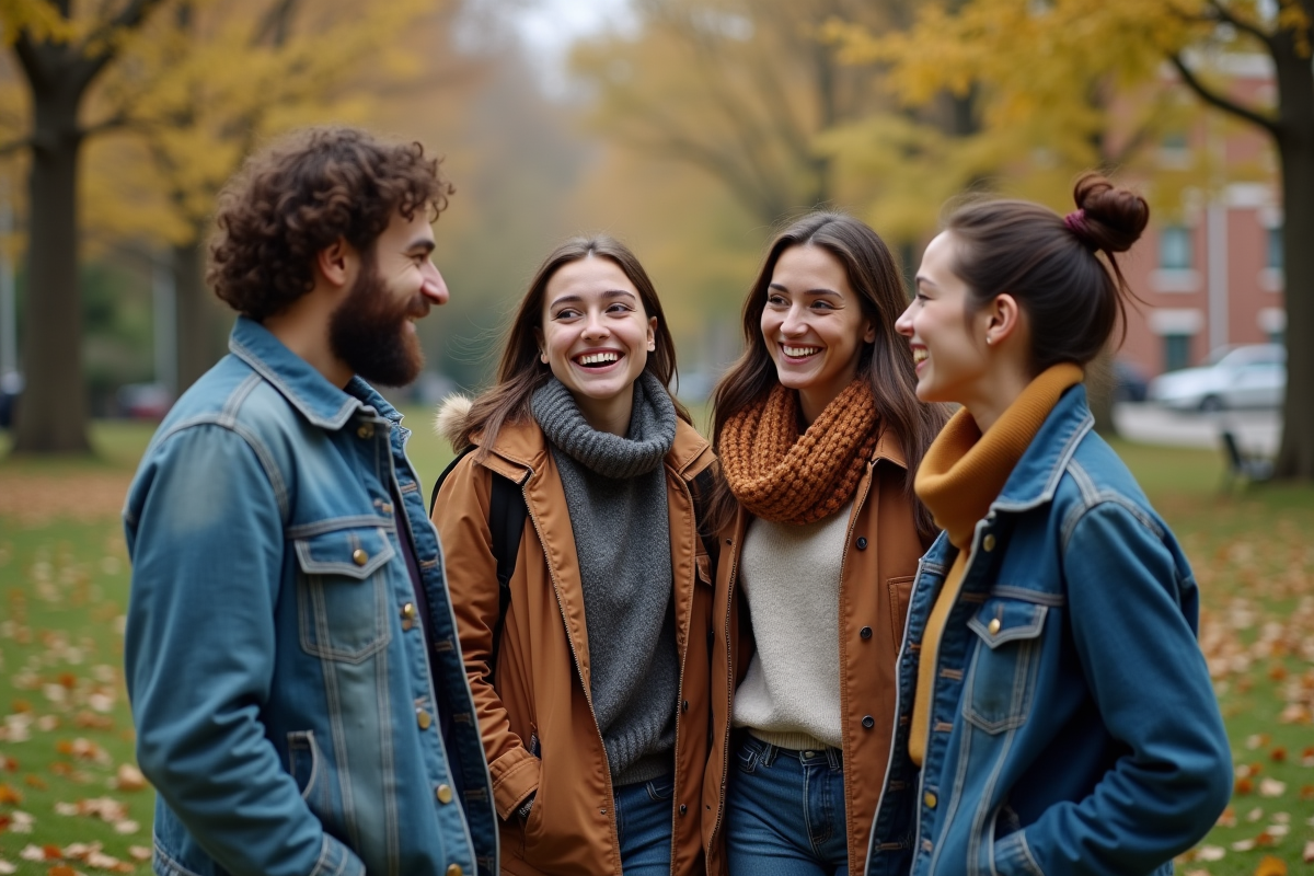 Groupe de jeunes femmes et homme dans parc automnal