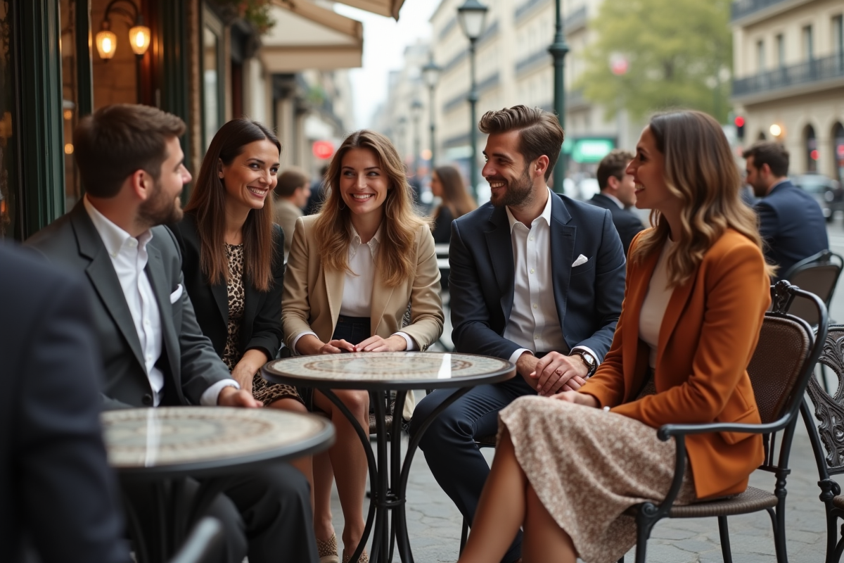 Groupe de personnes mode dans un café parisien animé