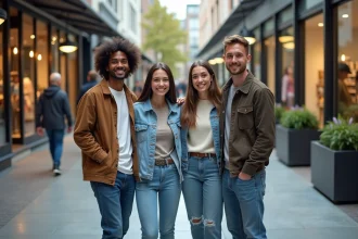 Groupe de jeunes adultes mode urbaine dans une rue commerçante