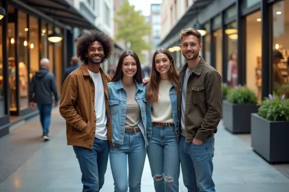 Groupe de jeunes adultes mode urbaine dans une rue commer&ccedil;ante
