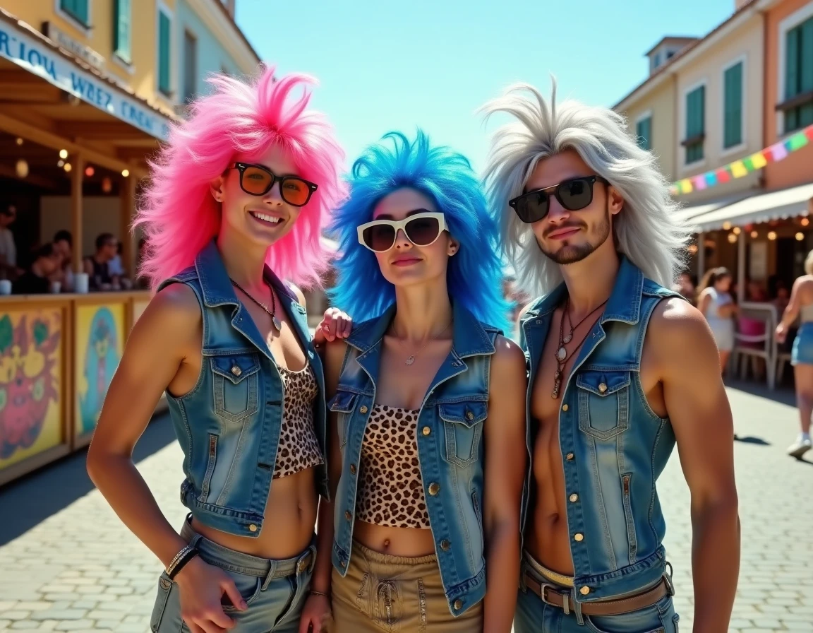 Groupe de trois personnes portant des perruques mulet colorées rose, bleue et argentée lors d'un carnaval en plein air