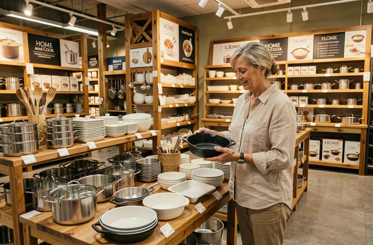 Magasin Home and Cook avec des ustensiles et équipements de cuisine exposés sur des tables en bois et une cliente inspectant une cocotte