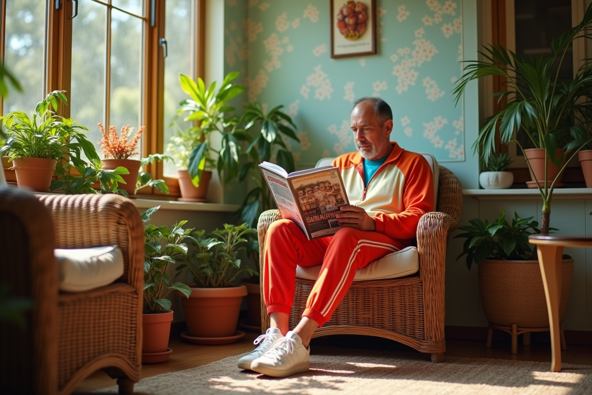 Homme en survêtement 80s lisant dans un salon lumineux