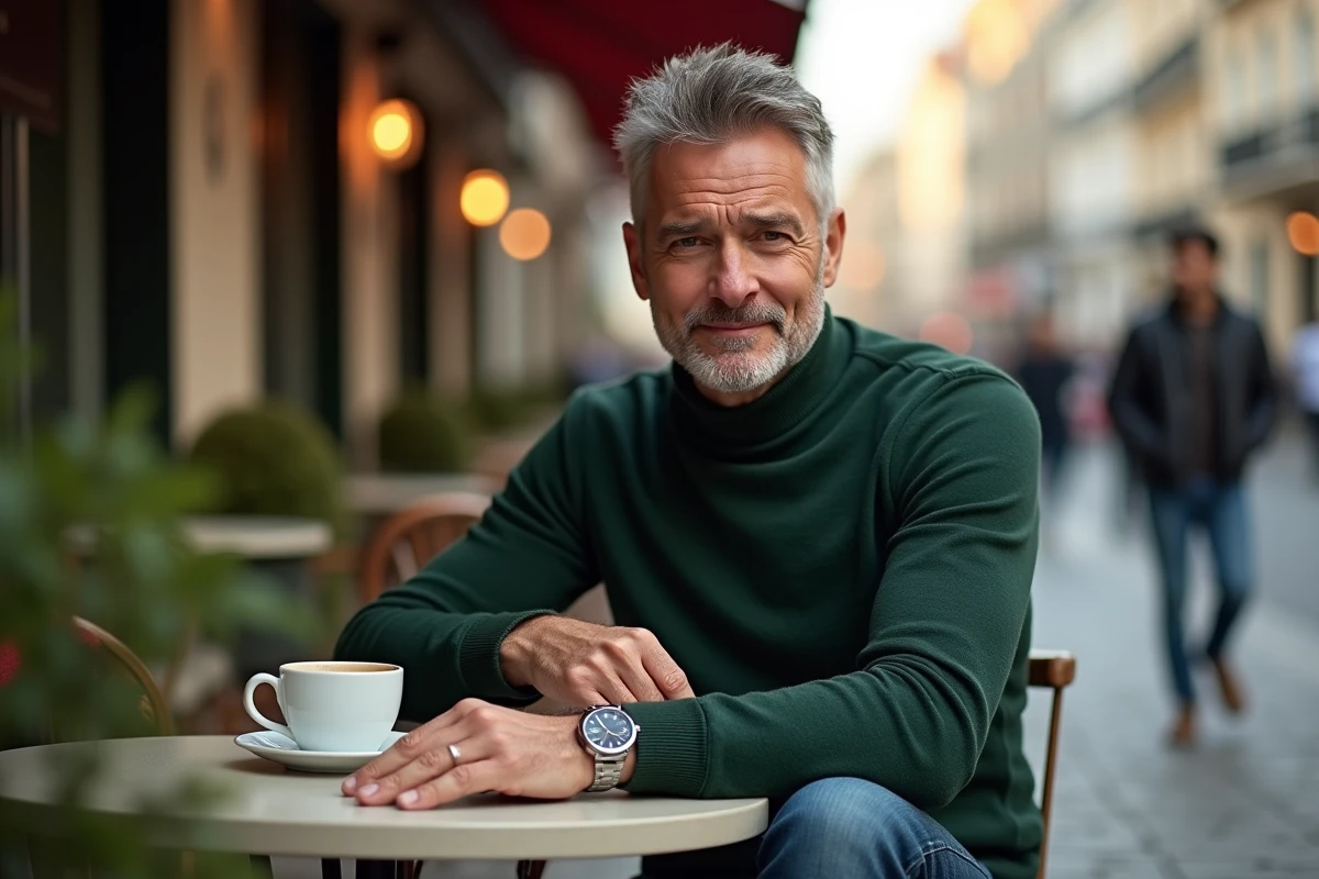 Homme détendu vérifiant sa montre au café en plein air