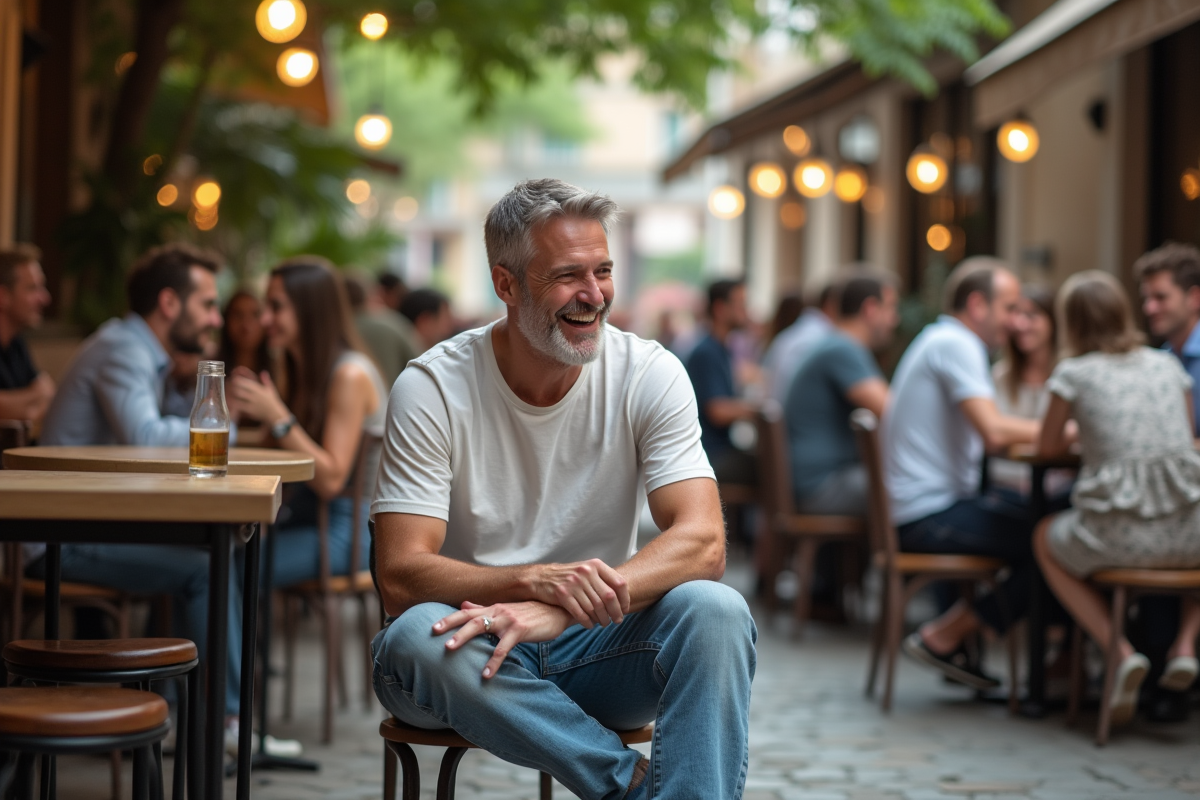 Homme décontracté assis dans un café en extérieur