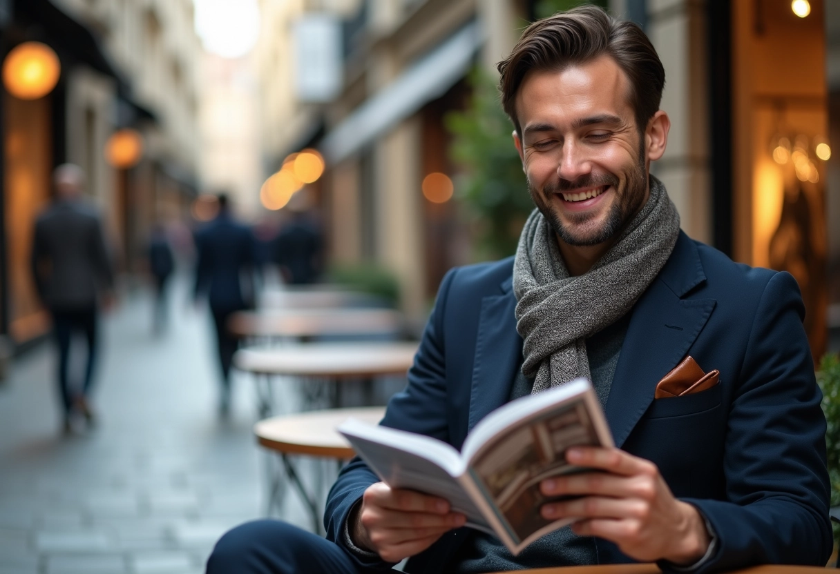 Homme sophistiqué assis en terrasse dans une ville animée