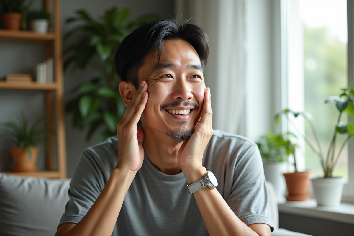Homme coreen massant sa peau dans un salon lumineux