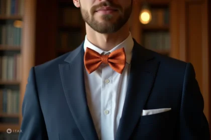 Homme en costume bleu marine avec nœud papillon orange à pois, dans une bibliothèque élégante