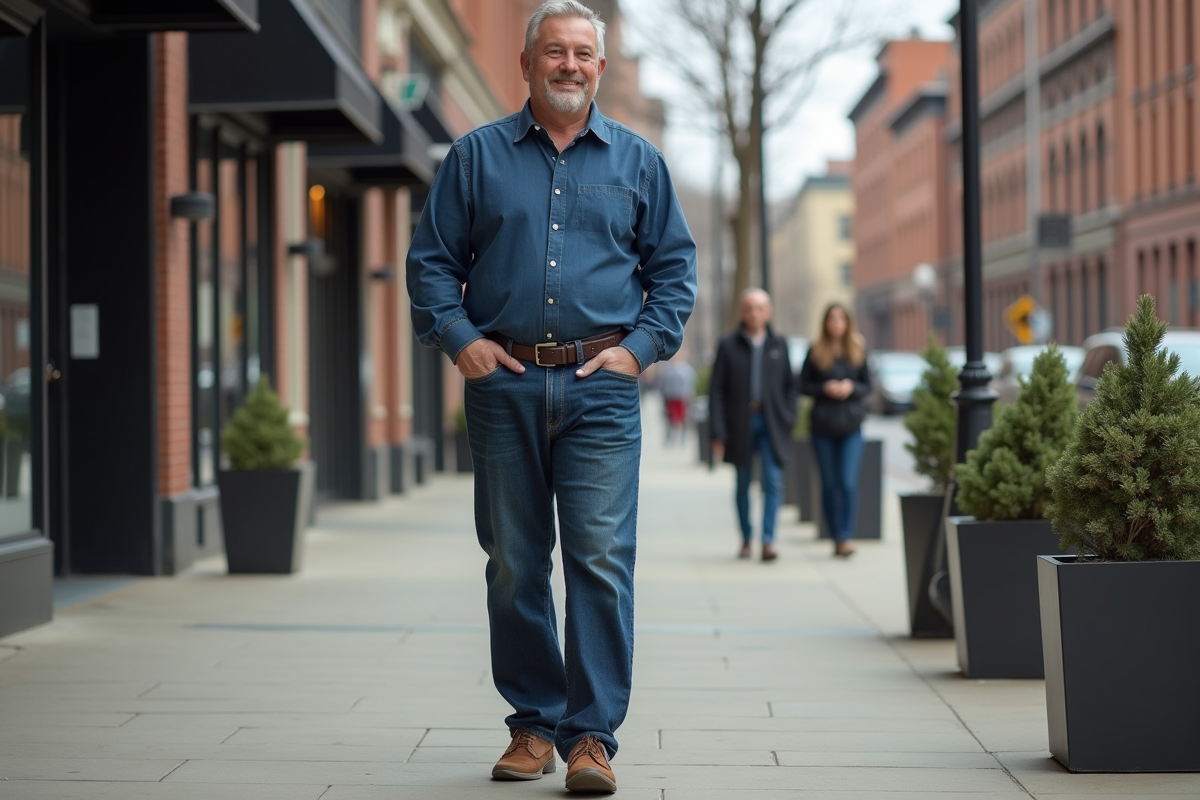 Homme marchant en jeans dans une rue urbaine animée