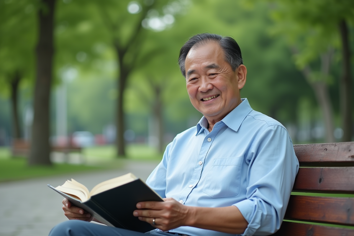 Homme koreen lisant dans un parc urbain verdoyant