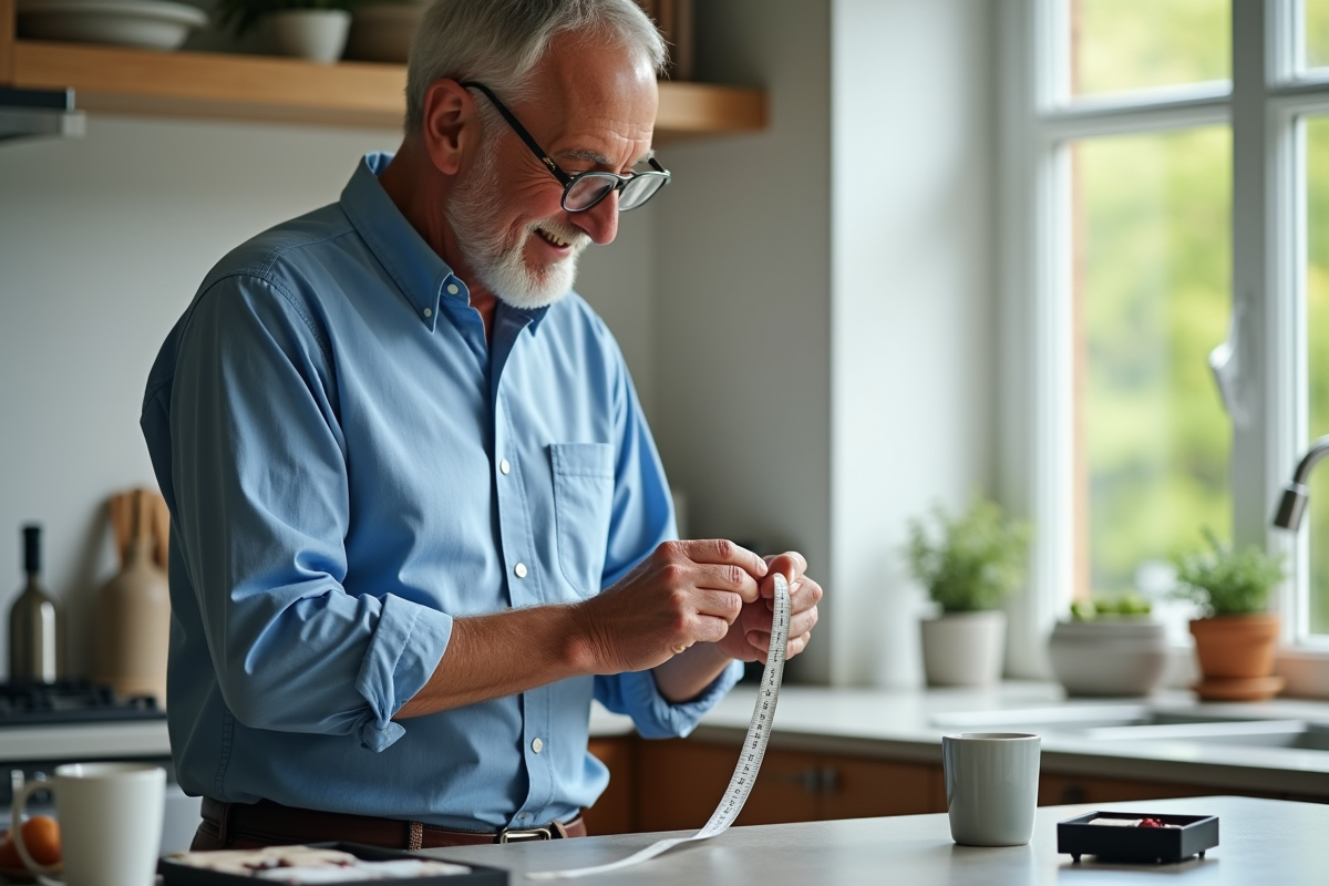 Homme mesurant son doigt avec ruban dans la cuisine